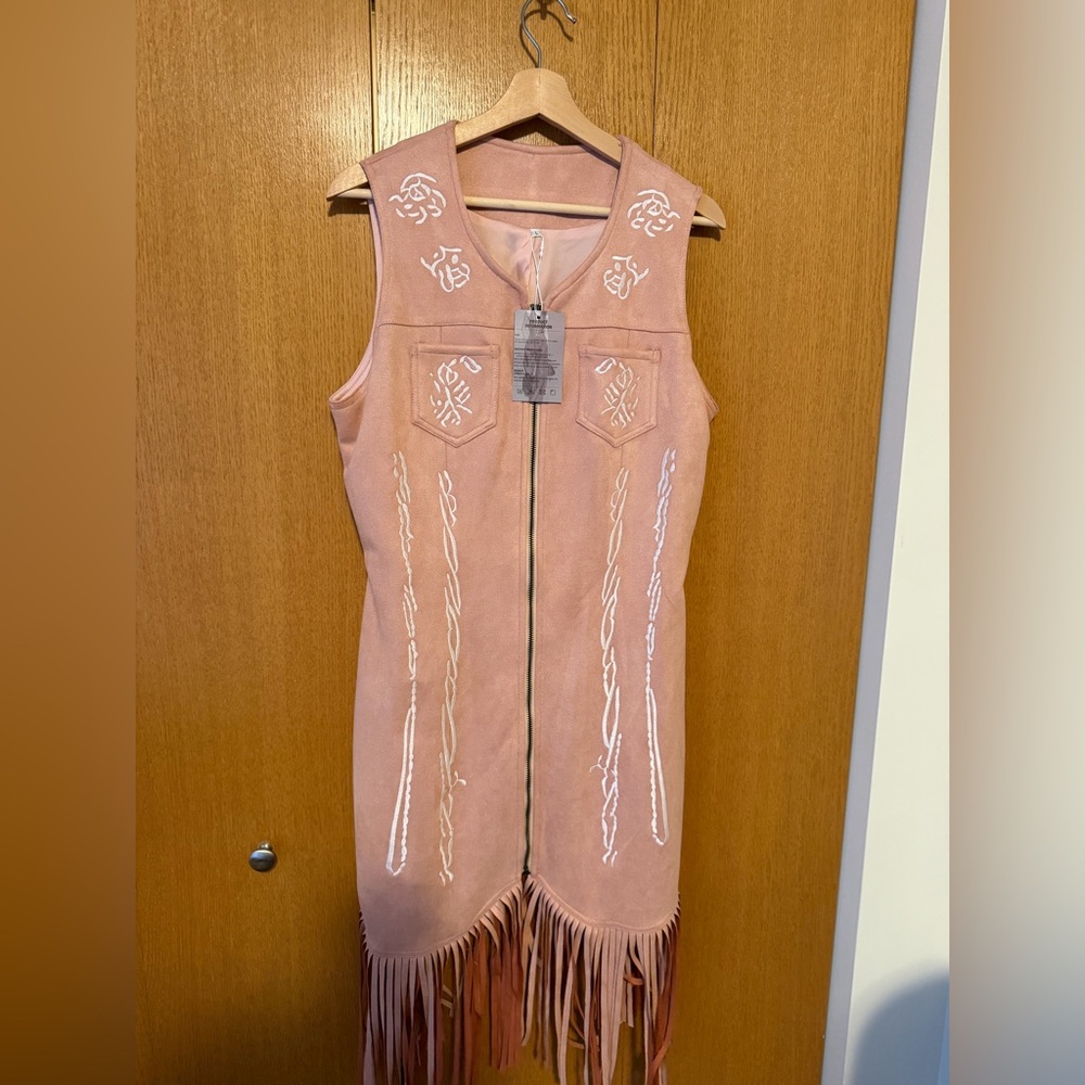 Embroidered Fringe Pink Dress